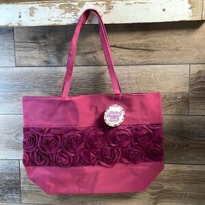 ARCADIA BEAUTY Floral Tote Overnight Bag Burgundy Silk Flower 19”W x 13”L NWOT